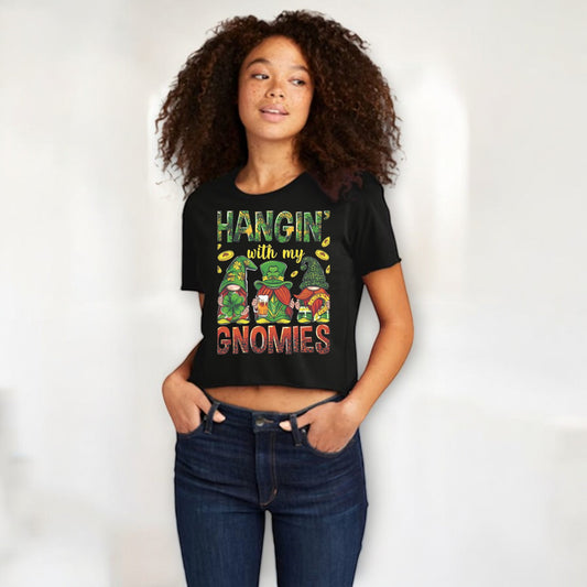 Hangin' With My Gnomies St. Patrick's Day Women's Cali Crop Black T-Shirt