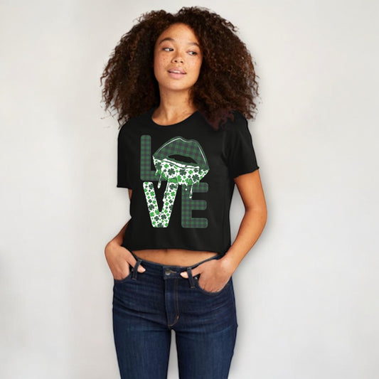 Love Lips, St. Patrick's Day Women's Cali Crop Black T-Shirt