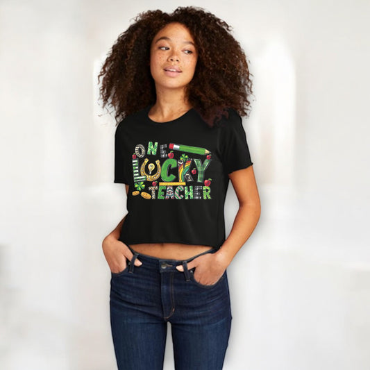 One Lucky Teacher St. Patrick's Day Design Women's Cali Crop Black T-Shirt