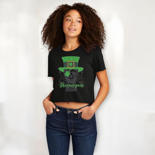 Let The Shenanigans Women's Cali Crop Black T-Shirt