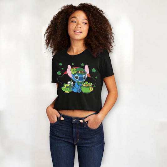 Stitch St. Patrick's Day  Women's Cali Crop Black T-Shirt